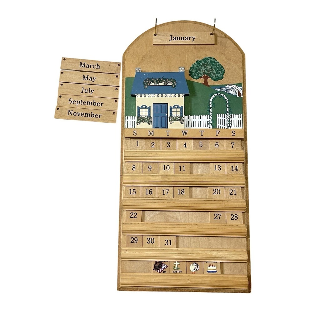Vtg Cottage Granny Wooden Perpetual Calendar Farmhouse Scene Months Dates As Is